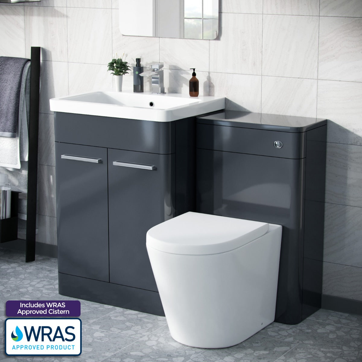 Afern Anthracite 600mm Vanity Basin Unit, WC Unit & Round Back to Wall Toilet