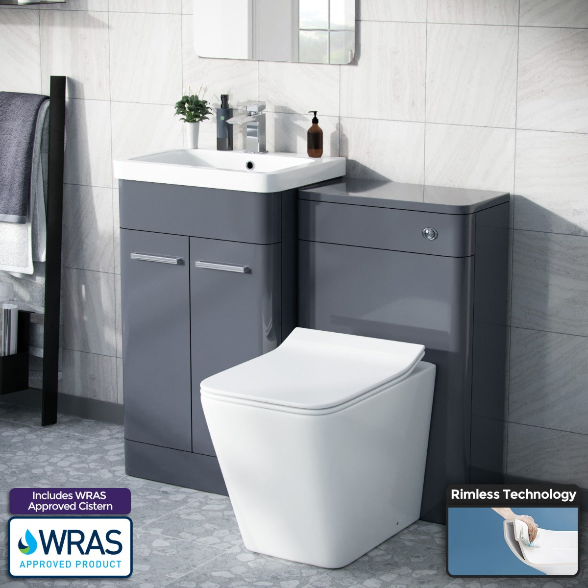 Afern Grey 1000mm Vanity Cabinet with WC Unit And Rimless Toilet
