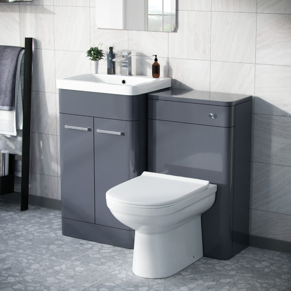 Afern Steel Grey 500mm Vanity Basin Unit, WC Unit & Elso Back to Wall Toilet