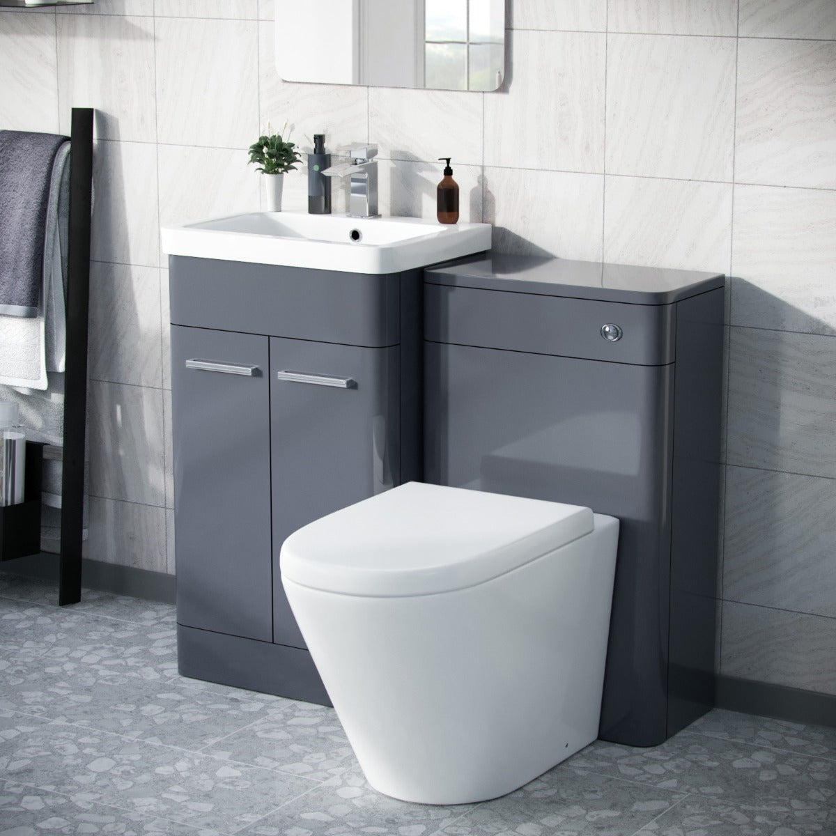 Afern Steel Grey 1000mm Vanity Cabinet with WC Unit And Round Rimless BTW Toilet Amie