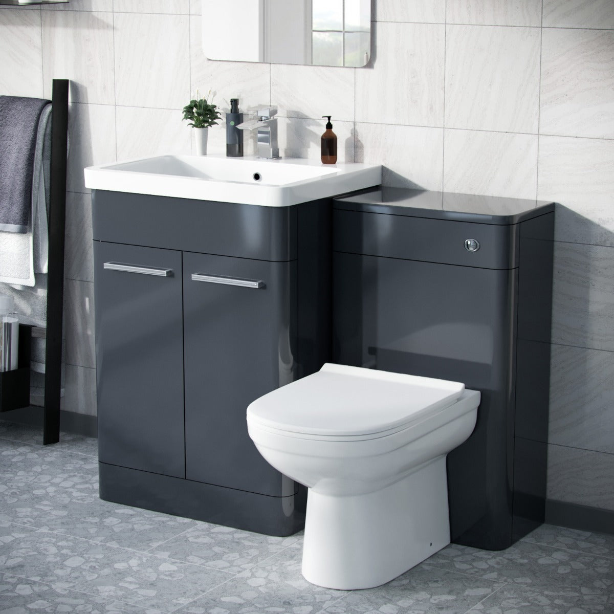 Afern Anthracite 600mm Vanity Basin Unit, WC Unit & Elso Back to Wall Toilet