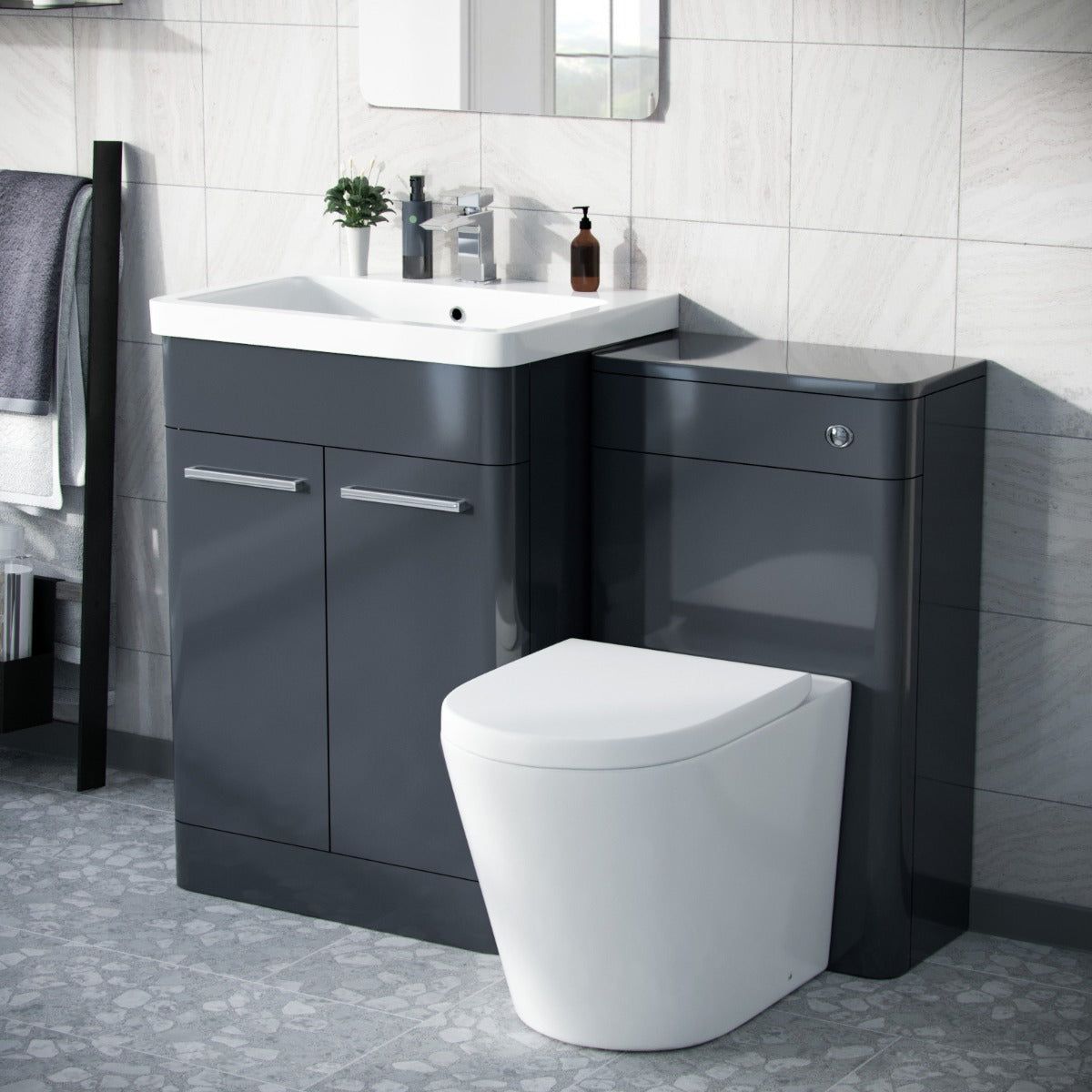 Afern Anthracite 600mm Vanity Basin Unit, WC Unit & Round Back to Wall Toilet