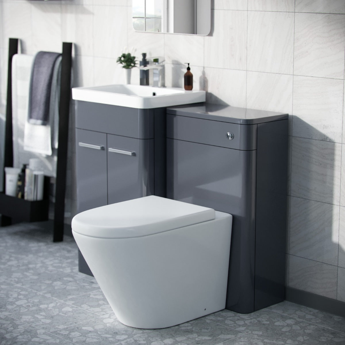Afern Steel Grey 1000mm Vanity Cabinet with WC Unit And Round Rimless BTW Toilet Amie