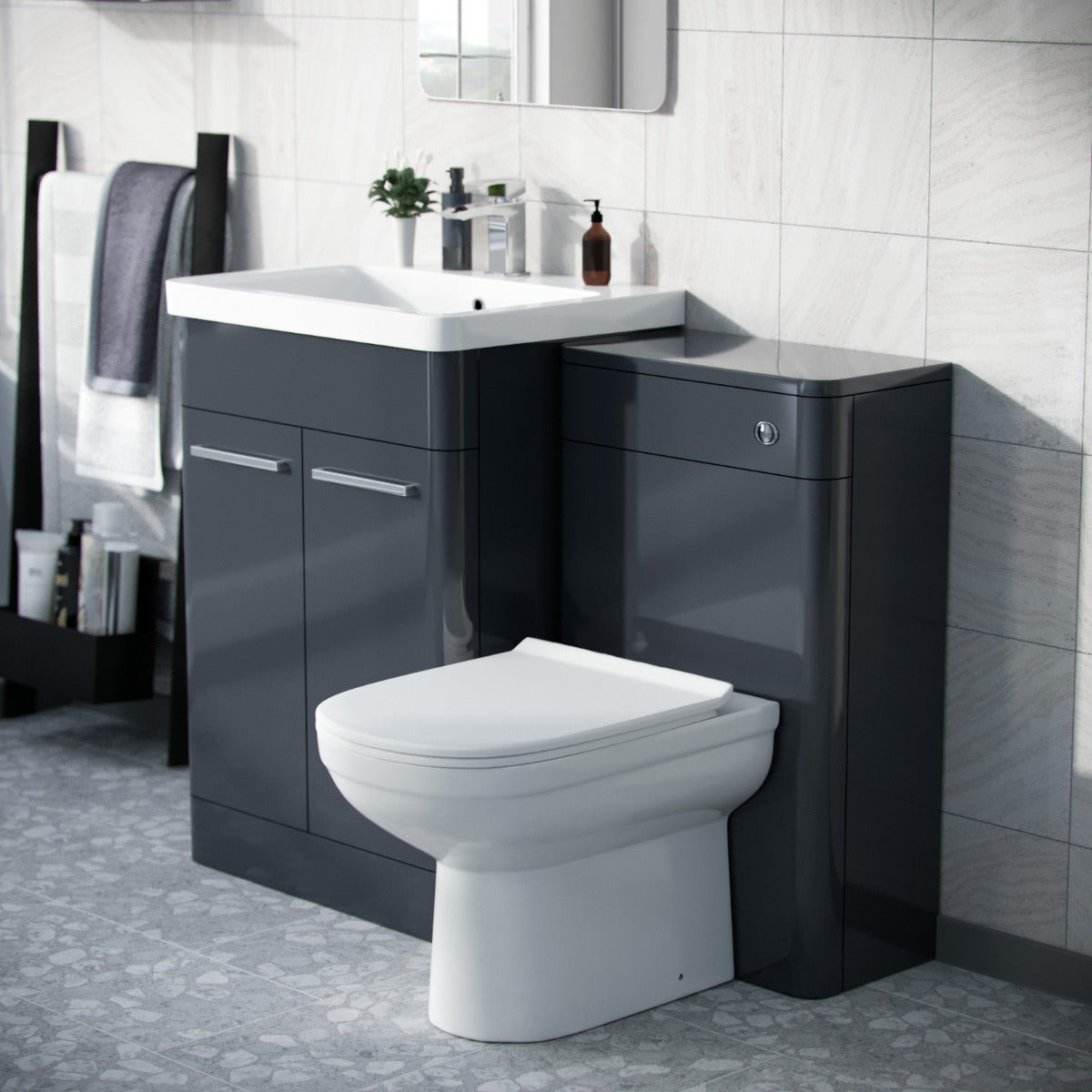 Afern Anthracite 600mm Vanity Basin Unit, WC Unit & Elso Back to Wall Toilet