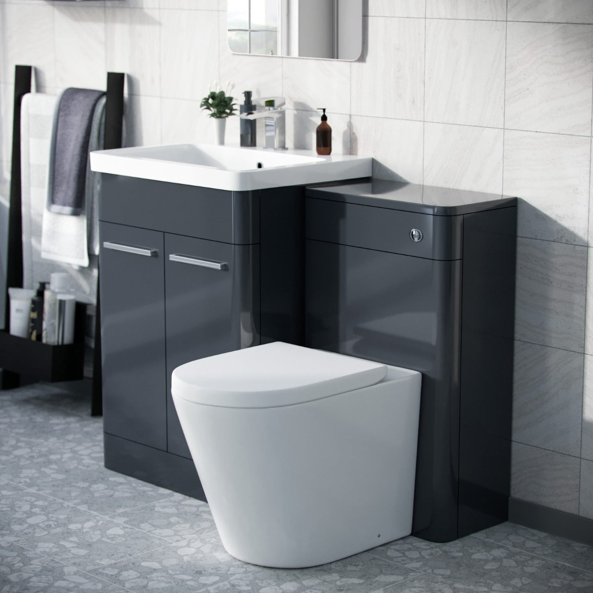 Afern Anthracite 600mm Vanity Basin Unit, WC Unit & Round Back to Wall Toilet