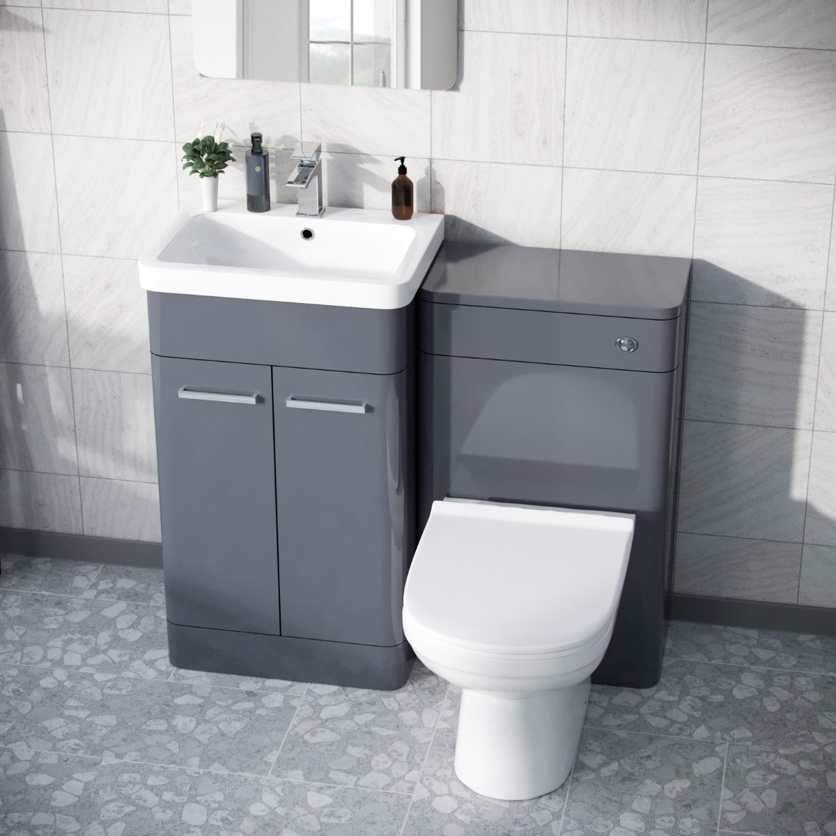 Afern Steel Grey 500mm Vanity Basin Unit, WC Unit & Elso Back to Wall Toilet