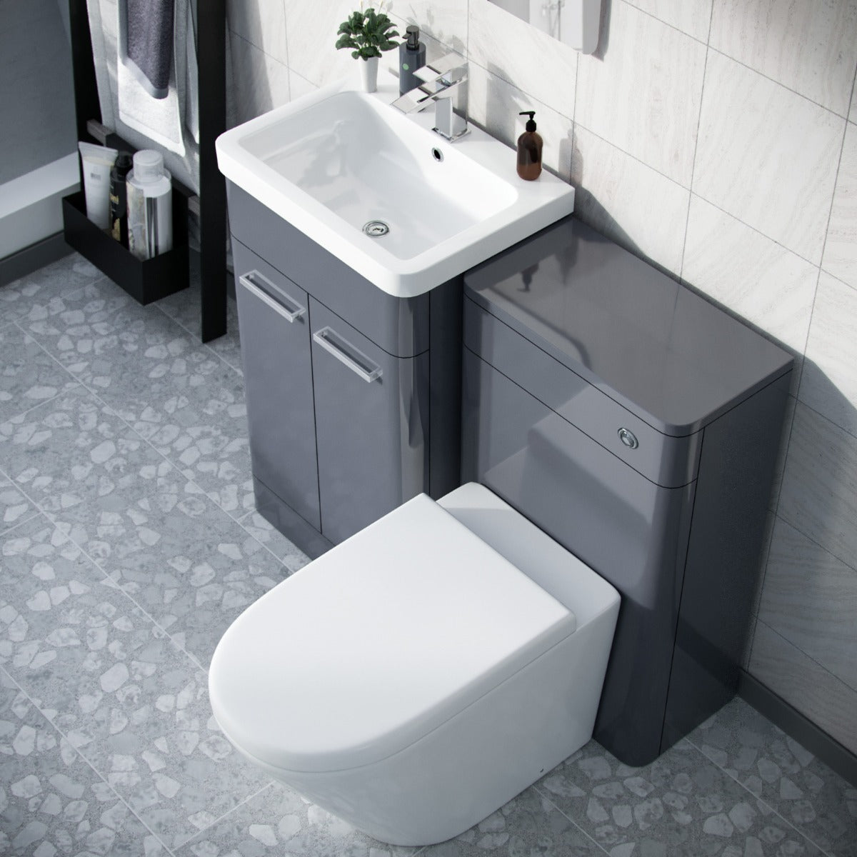 Afern 1000mm Steel Grey Vanity Cabinet with WC Unit And Round Rimless BTW Toilet Amie
