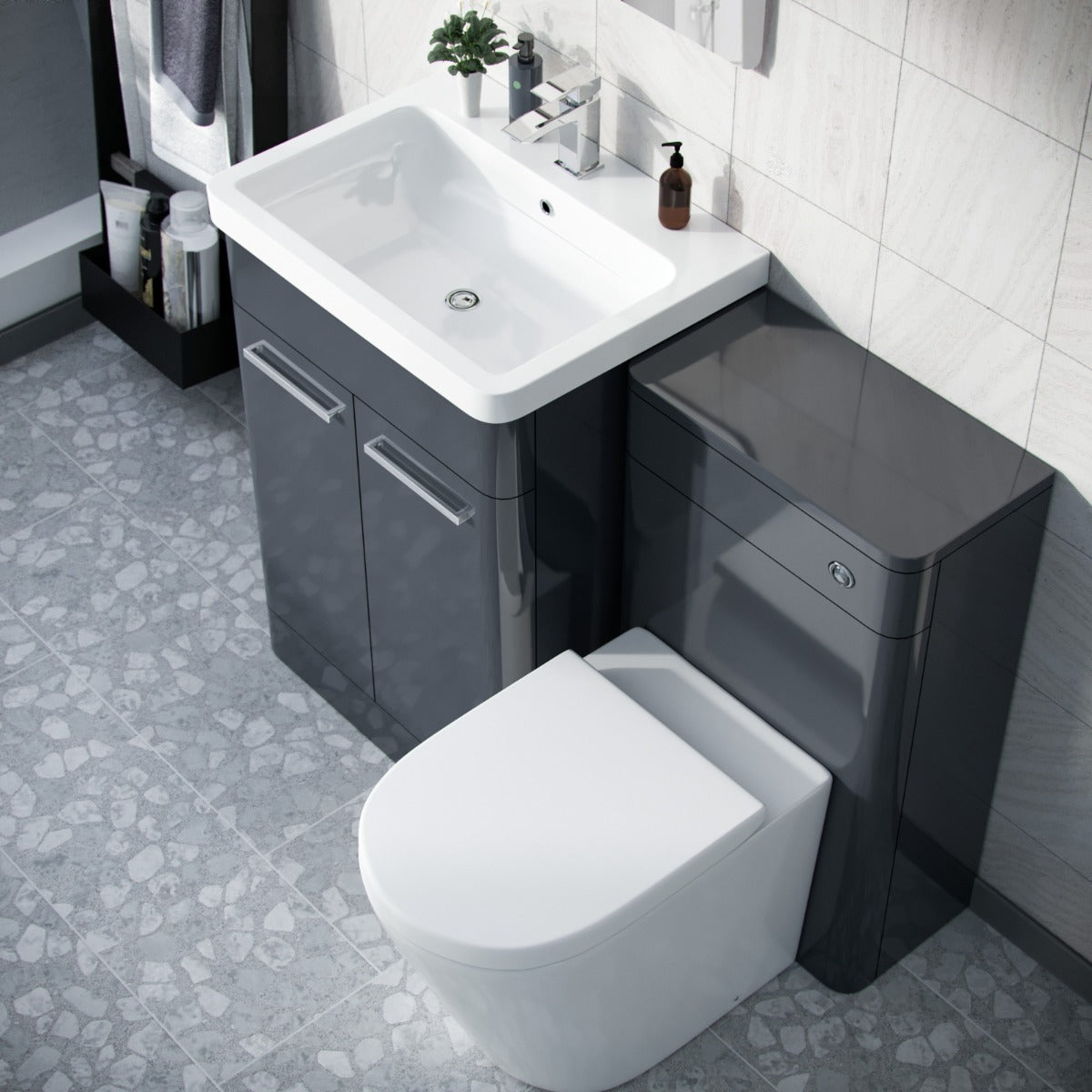 Afern Anthracite 600mm Vanity Basin Unit, WC Unit & Round Back to Wall Toilet