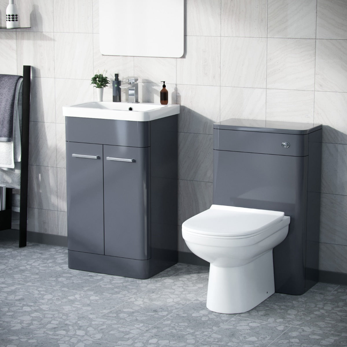Afern Steel Grey 500mm Vanity Basin Unit, WC Unit & Elso Back to Wall Toilet