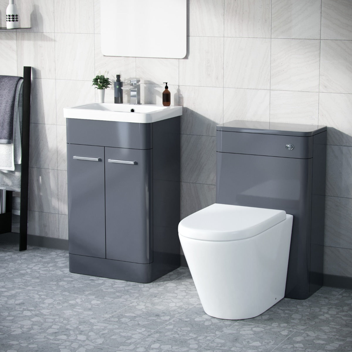 Afern Steel Grey 1000mm Vanity Cabinet with WC Unit And Round Rimless BTW Toilet Amie