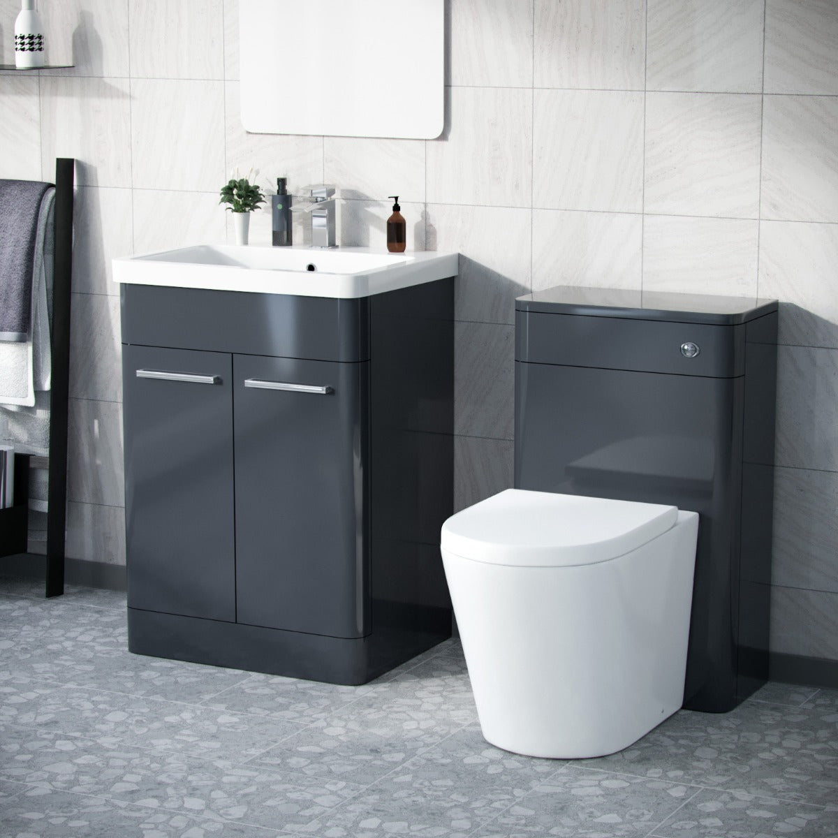 Afern Anthracite 600mm Vanity Basin Unit, WC Unit & Round Back to Wall Toilet