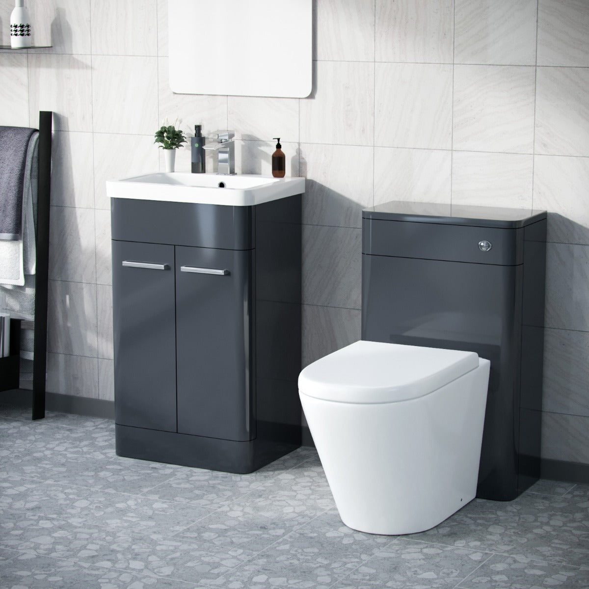 Afern 1000mm Vanity Cabinet, WC Unit Rimless BTW Toilet Dark Grey