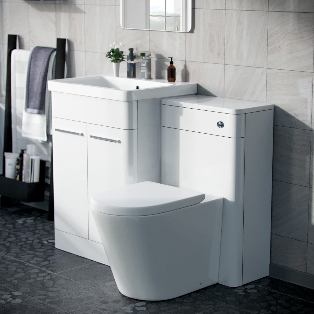 Afern 600mm Vanity Basin Unit, WC Unit & Round Back to Wall Toilet White