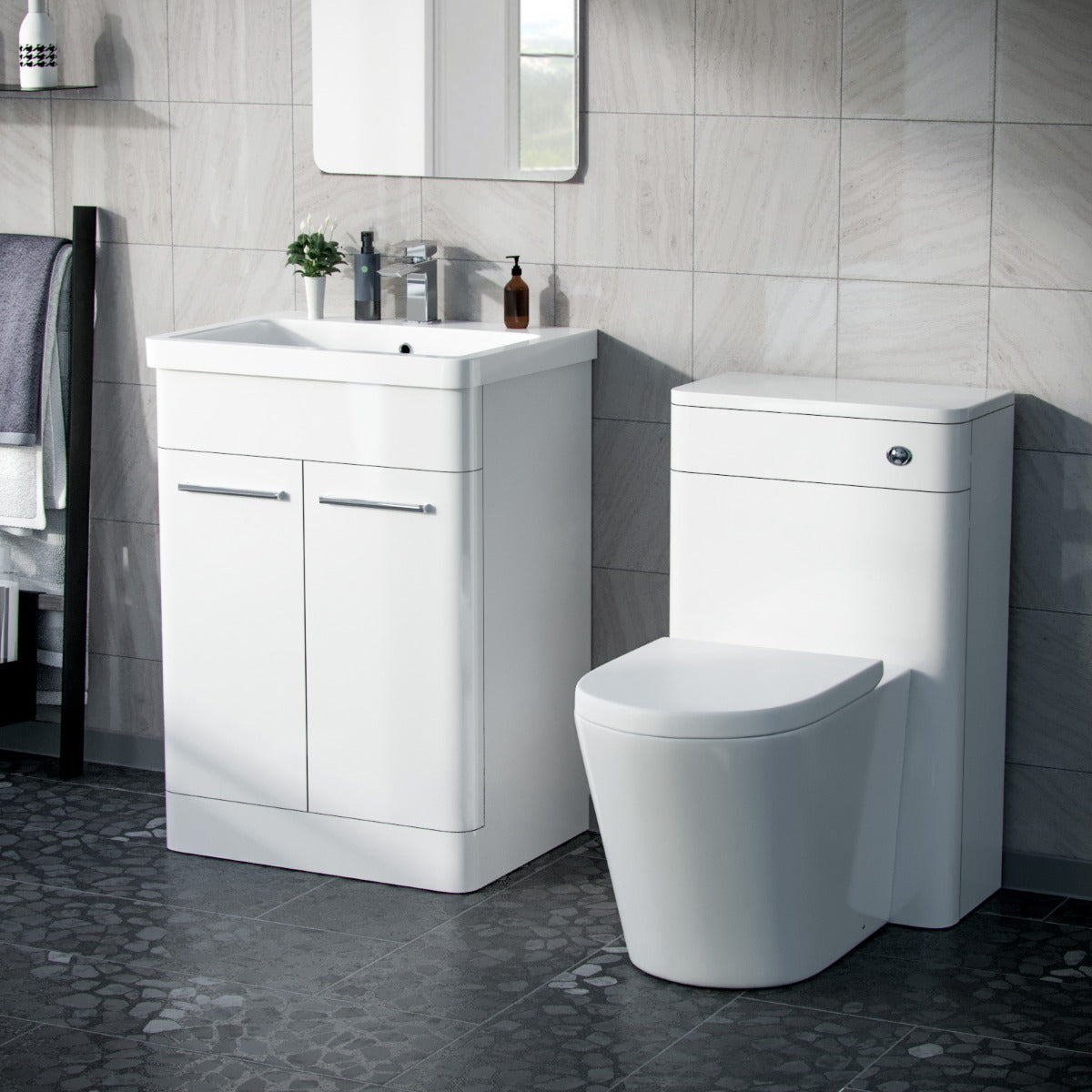 Afern 600mm Vanity Basin Unit, WC Unit & Round Back to Wall Toilet White