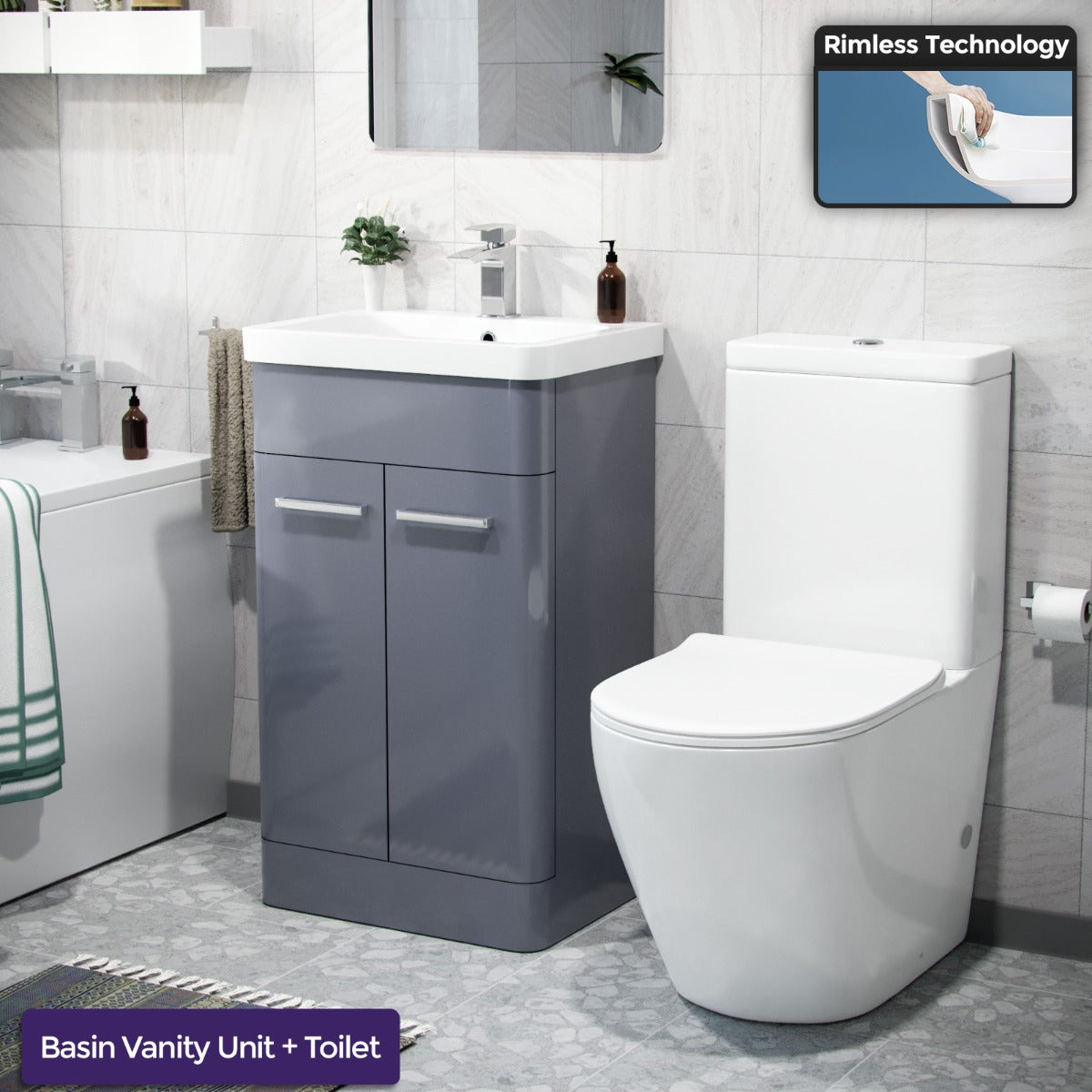 Afern 500mm Freestanding Vanity Unit and Close Coupled Rimless Toilet Steel Grey