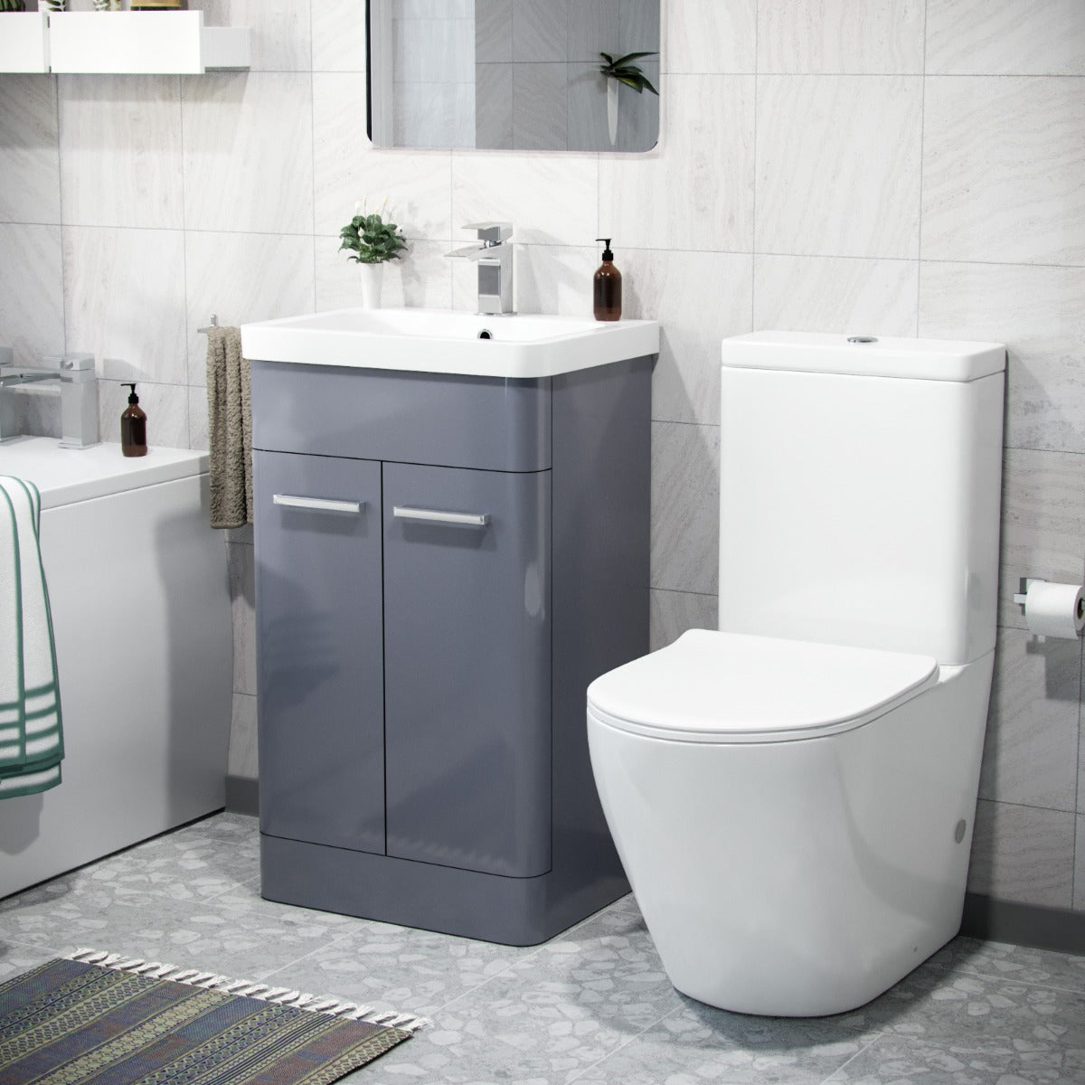 Afern 500mm Freestanding Vanity Unit and Close Coupled Rimless Toilet Steel Grey