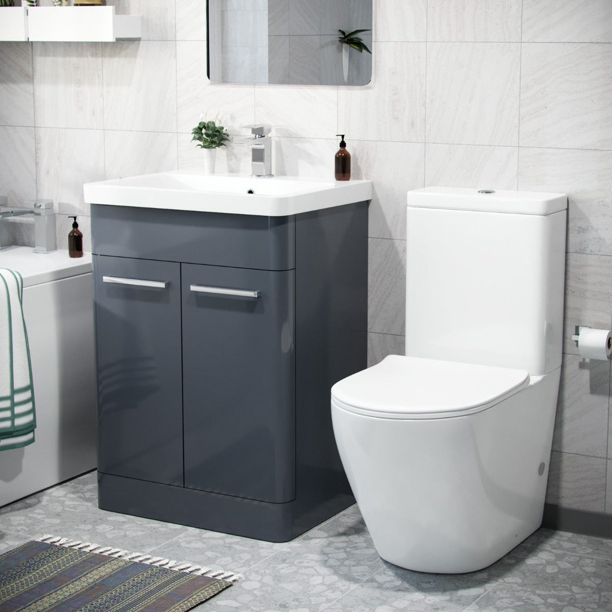 Afern Anthracite 600mm Freestanding Vanity Unit, Curved Rimless Close Coupled Toilet