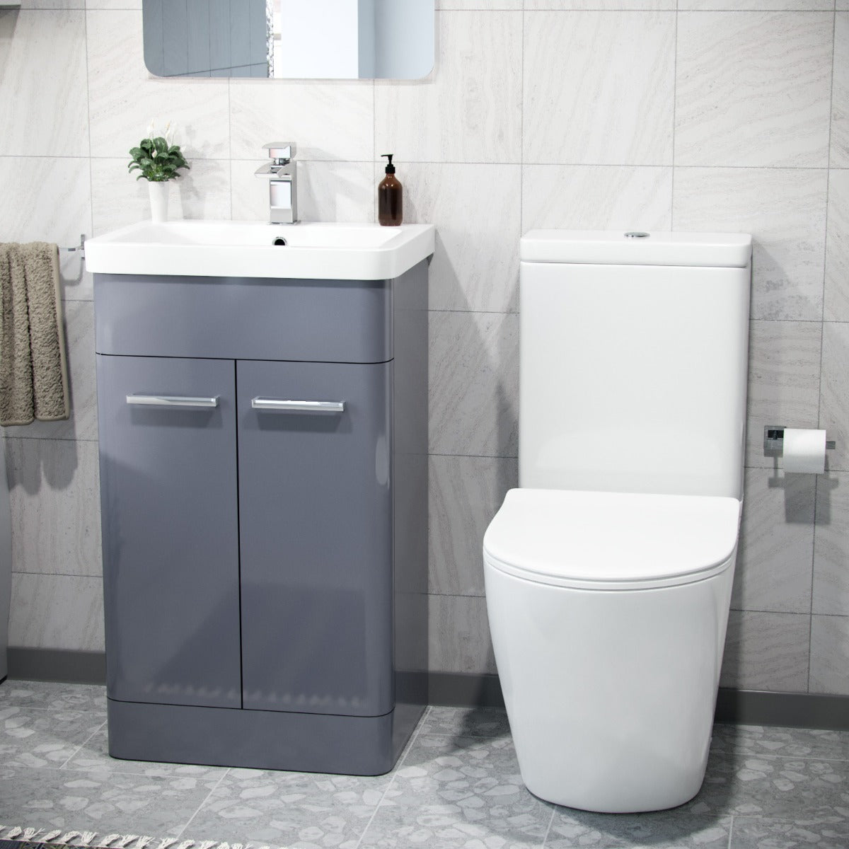Afern 500mm Freestanding Vanity Unit and Close Coupled Rimless Toilet Steel Grey