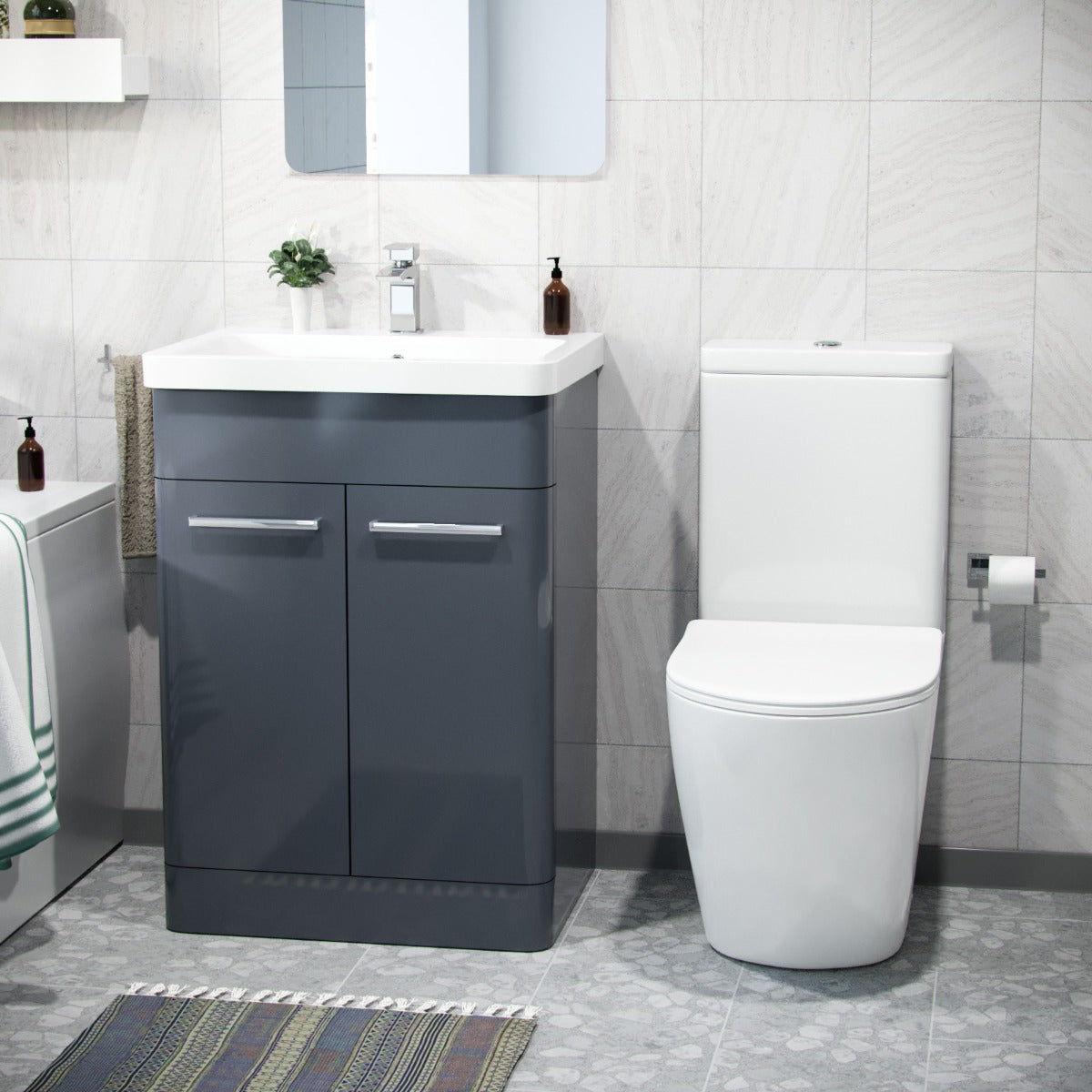 Afern Anthracite 600mm Freestanding Vanity Unit, Curved Rimless Close Coupled Toilet