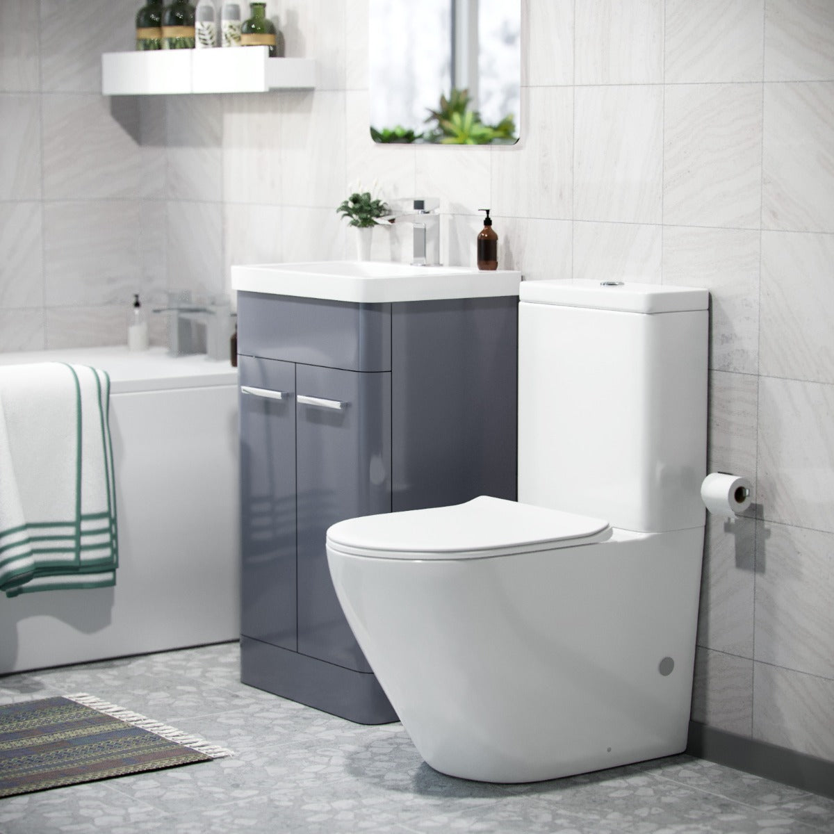 Afern 500mm Freestanding Vanity Unit and Close Coupled Rimless Toilet Steel Grey