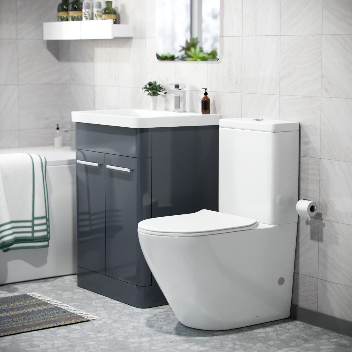 Afern Anthracite 600mm Freestanding Vanity Unit, Curved Rimless Close Coupled Toilet