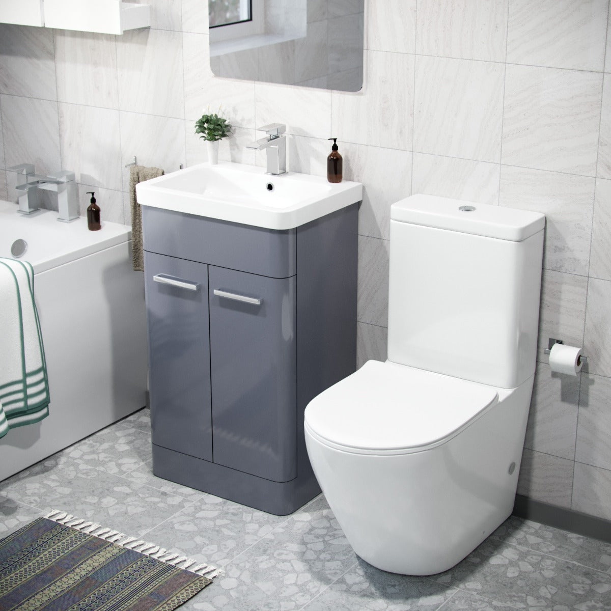 Afern 500mm Freestanding Vanity Unit and Close Coupled Rimless Toilet Steel Grey