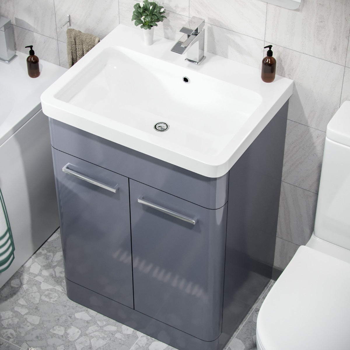 Afern 600mm Freestanding Vanity Unit, Curved Rimless Close Coupled Toilet Steel Grey