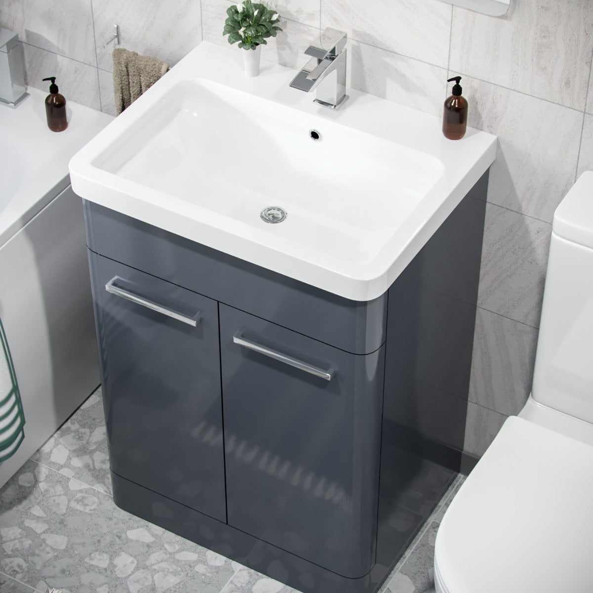 Afern Anthracite 600mm Freestanding Vanity Unit, Curved Rimless Close Coupled Toilet
