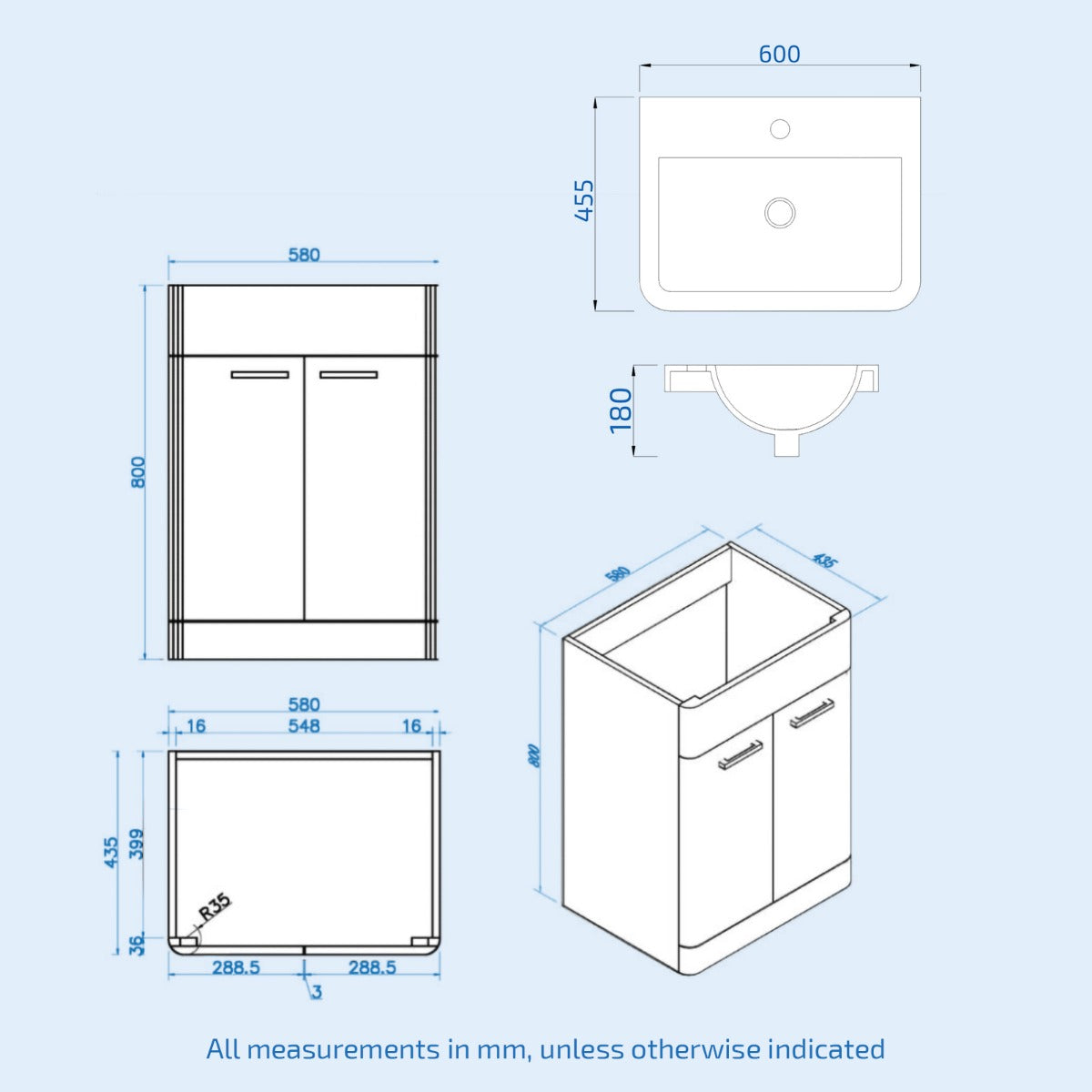 Afern Anthracite 600mm Vanity Basin WC Unit & Square Rimless Back to Wall Toilet Pan