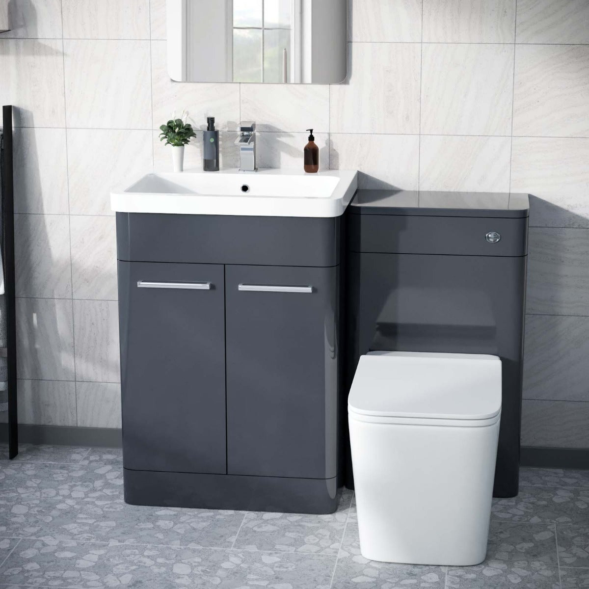 Afern Anthracite 600mm Vanity Basin WC Unit & Square Rimless Back to Wall Toilet Pan