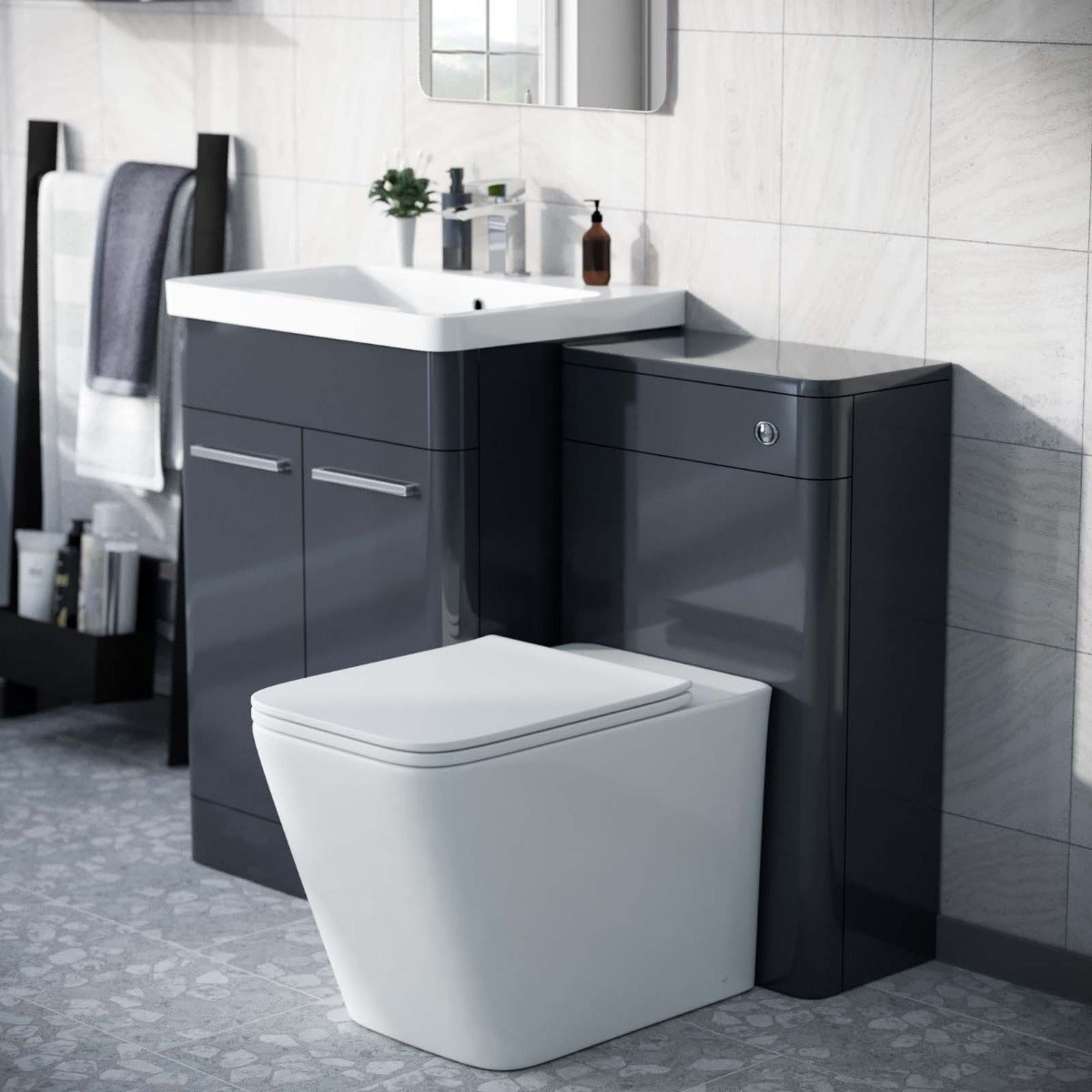 Afern Anthracite 600mm Vanity Basin WC Unit & Square Rimless Back to Wall Toilet Pan