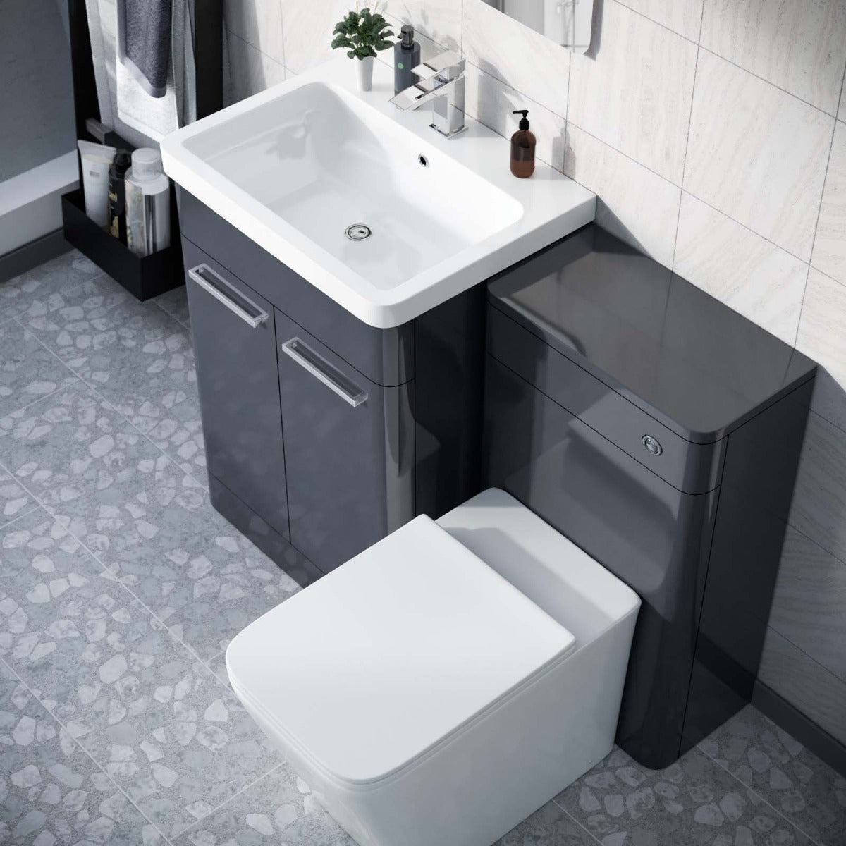 Afern Anthracite 600mm Vanity Basin WC Unit & Square Rimless Back to Wall Toilet Pan