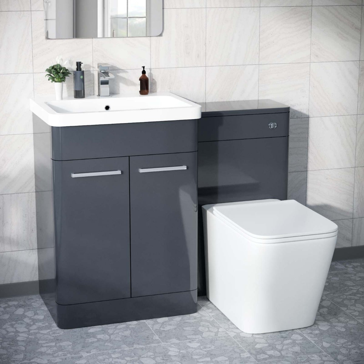 Afern Anthracite 600mm Vanity Basin WC Unit & Square Rimless Back to Wall Toilet Pan
