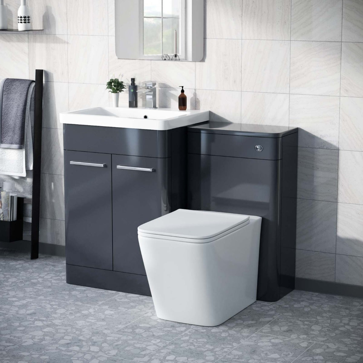 Afern Anthracite 600mm Vanity Basin WC Unit & Square Rimless Back to Wall Toilet Pan