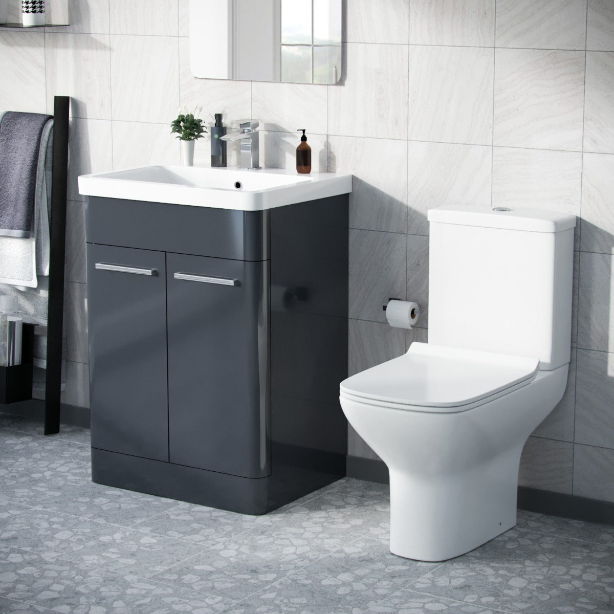 Afern Anthracite 600mm Floorstanding Vanity Basin Unit & Rimless Close Coupled Toilet