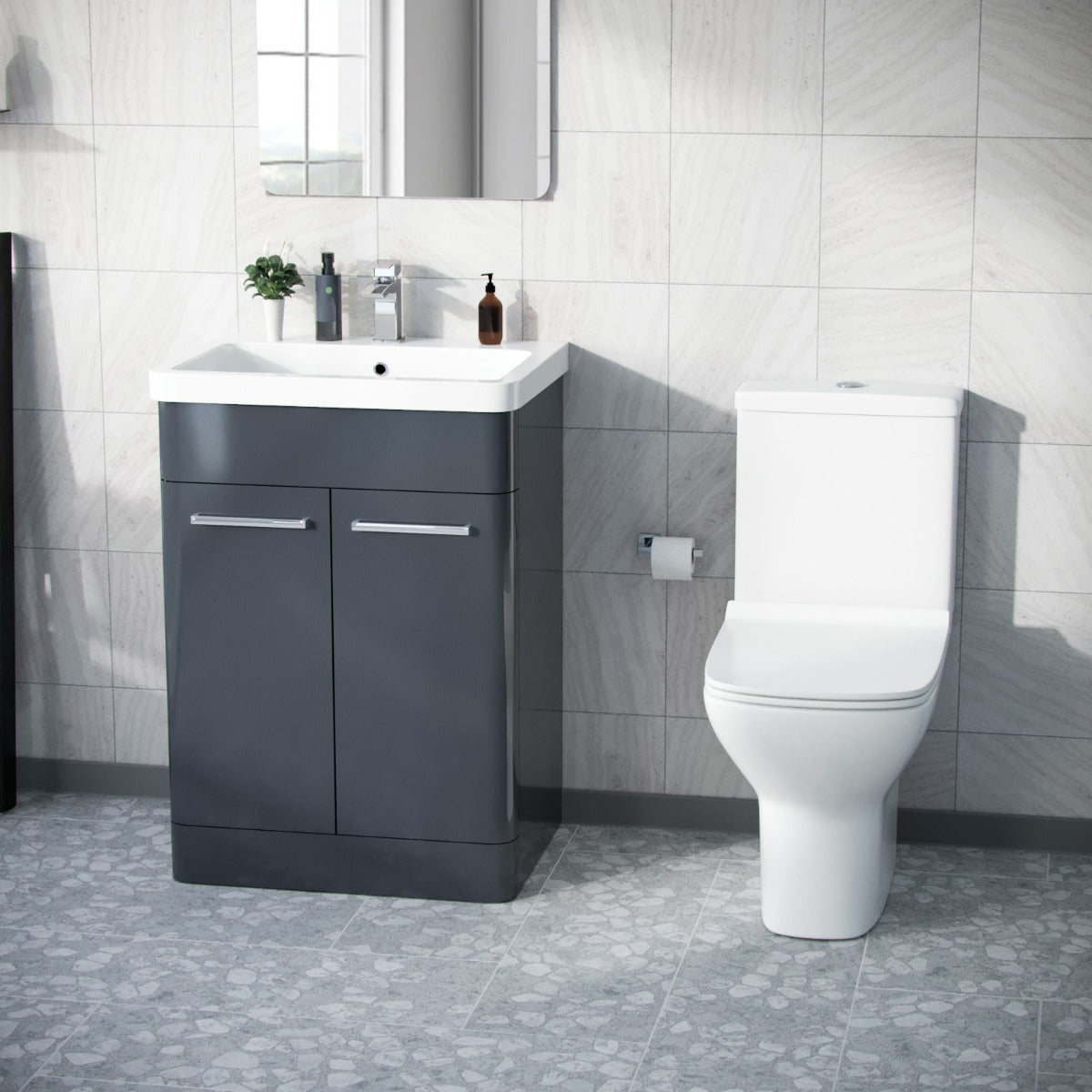 Afern Anthracite 600mm Floorstanding Vanity Basin Unit & Rimless Close Coupled Toilet