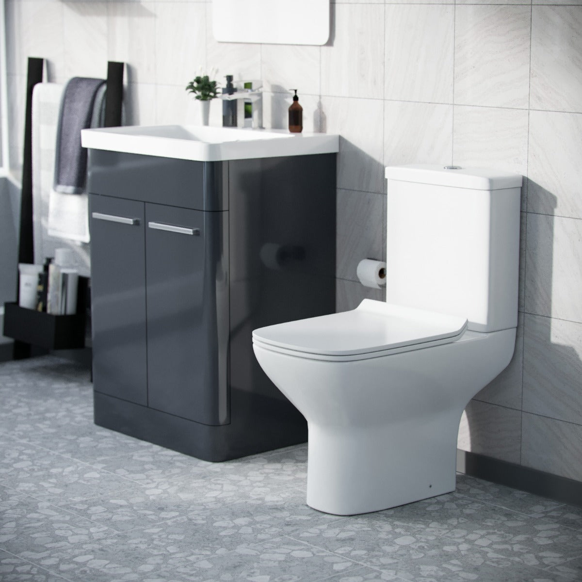 Afern Anthracite 600mm Floorstanding Vanity Basin Unit & Rimless Close Coupled Toilet