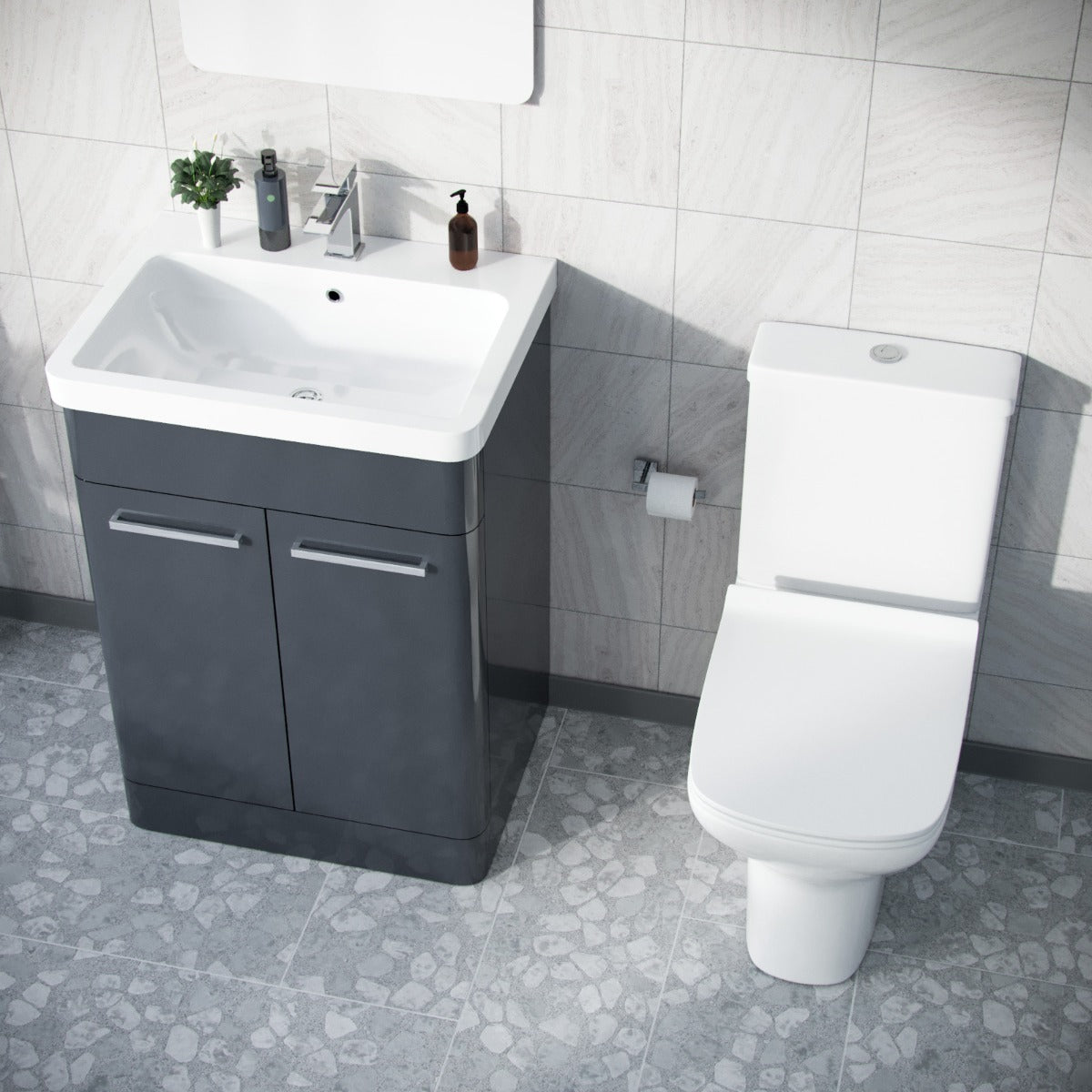 Afern Anthracite 600mm Floorstanding Vanity Basin Unit & Rimless Close Coupled Toilet