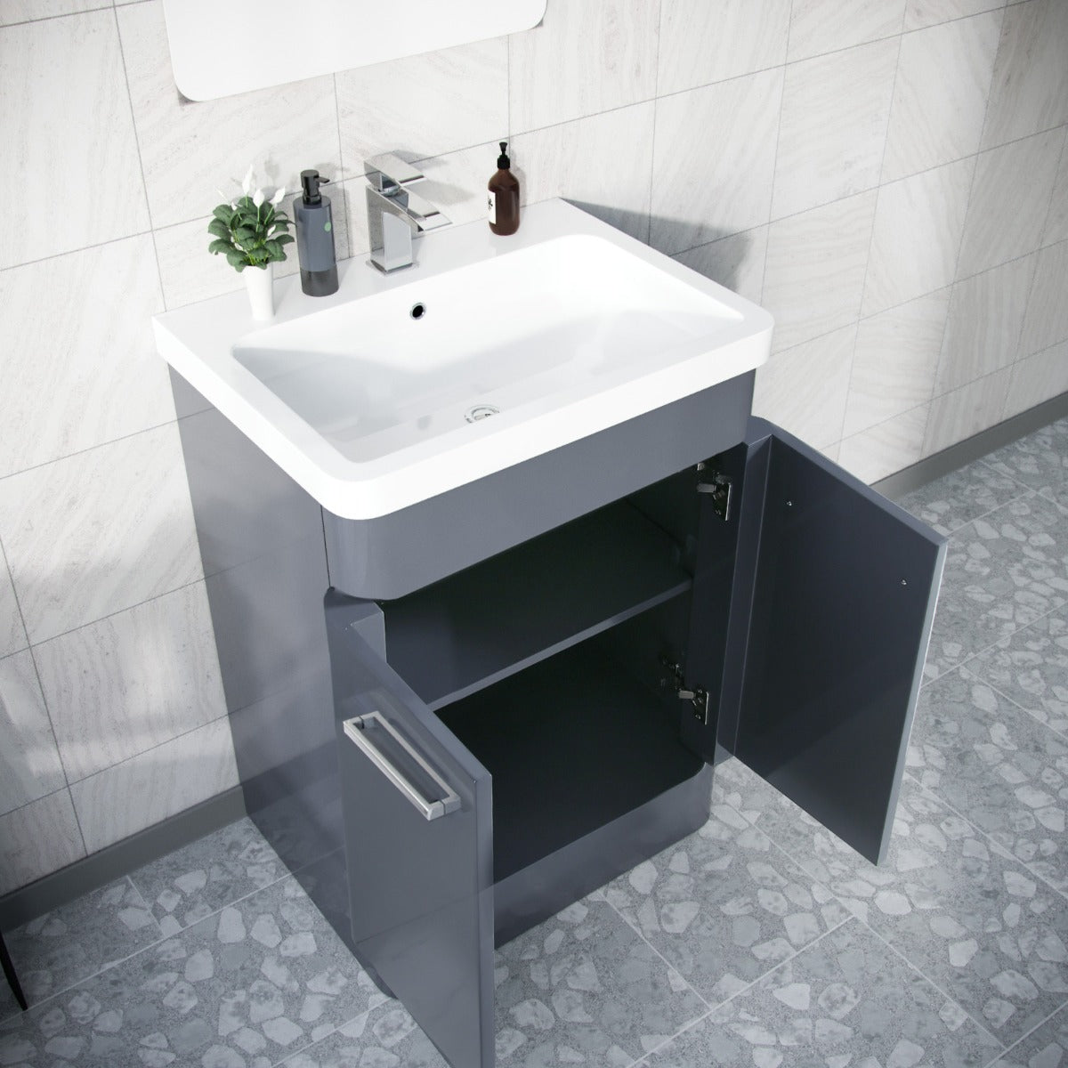 Afern 600mm Vanity Basin Unit, WC Unit & Round Back to Wall Toilet Steel Grey