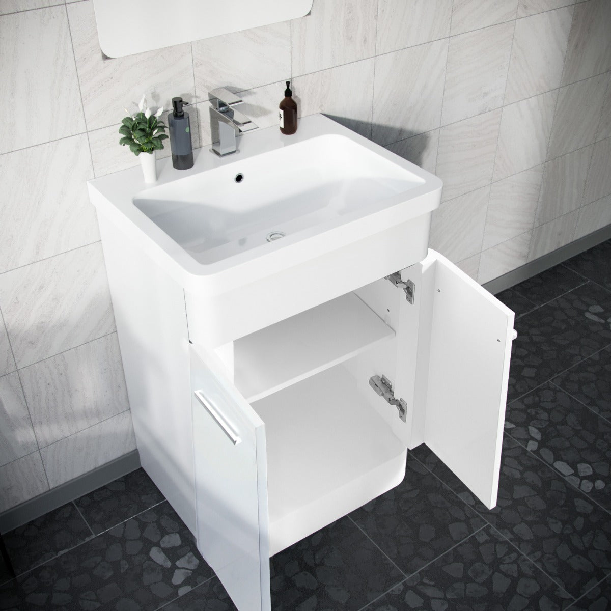 Afern 600mm Basin Vanity Cabinet, WC Unit, D Shape Toilet & Bath Bathroom Suite