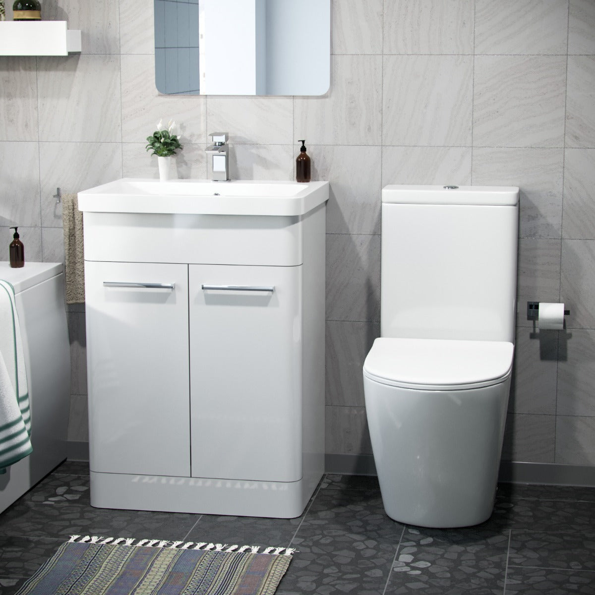 Afern 600mm Freestanding Vanity Unit, Curved Rimless Close Coupled Toilet White