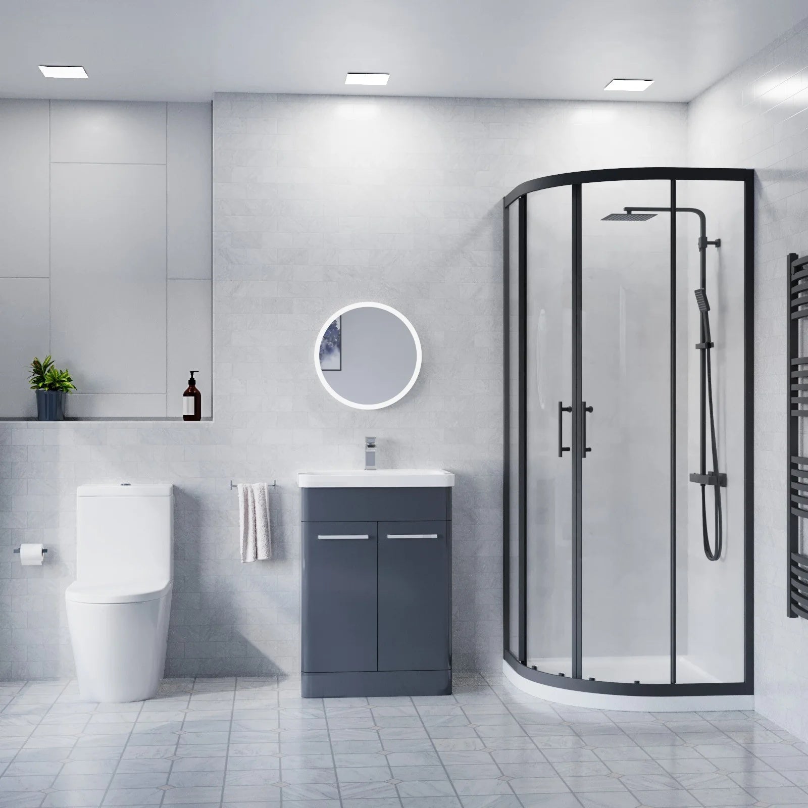 Afern Freestanding Anthracite Vanity with Close Coupled Toilet & 800mm Quadrant Screen