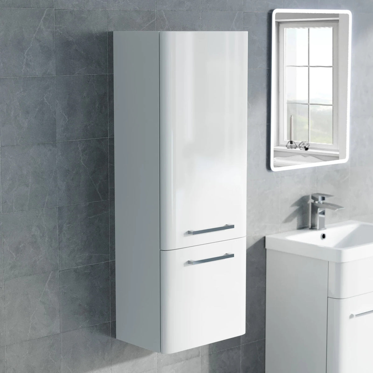 Afern Contemporary 1000mm Wall Hung Tall Cabinet - White