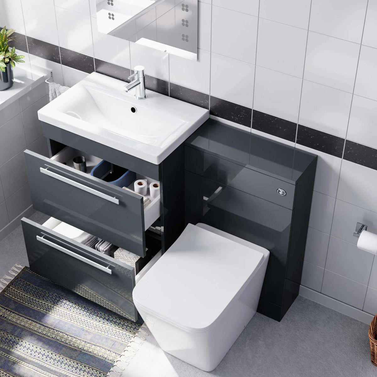 Anthracite 1100mm Freestanding Drawers Vanity With WC Unit & BTW Toilet Pan