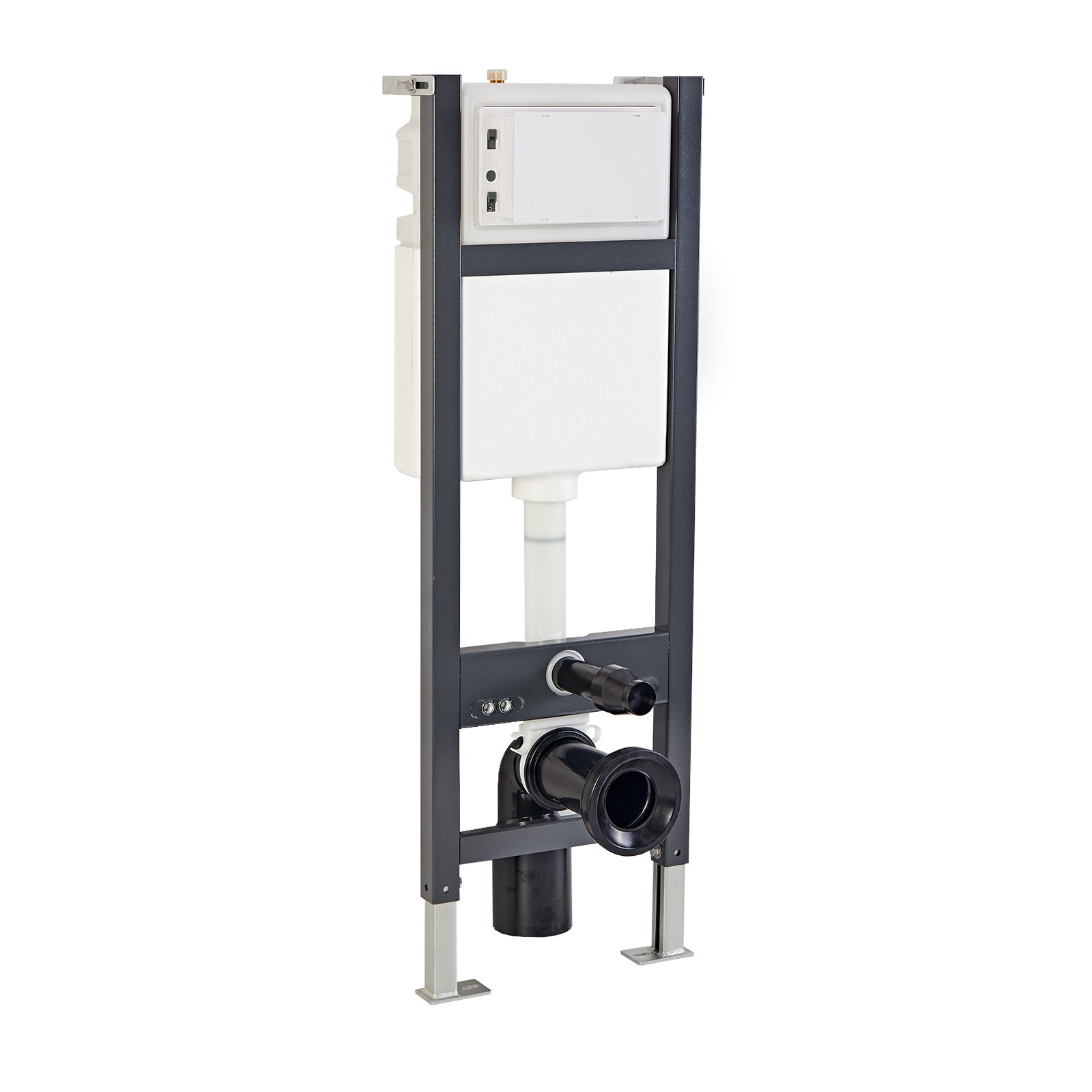 Wall-mounted toilet cistern with black metal frame on a white background