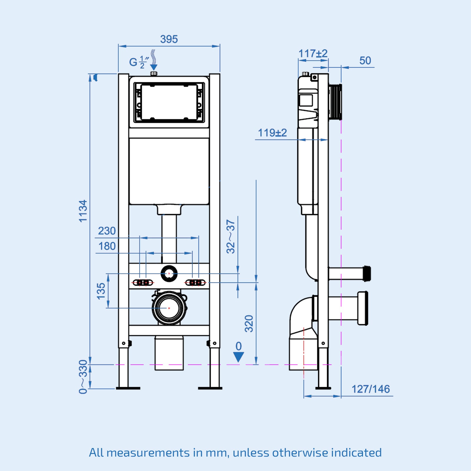 Technical drawing of a toilet system with dimensions on a light blue background