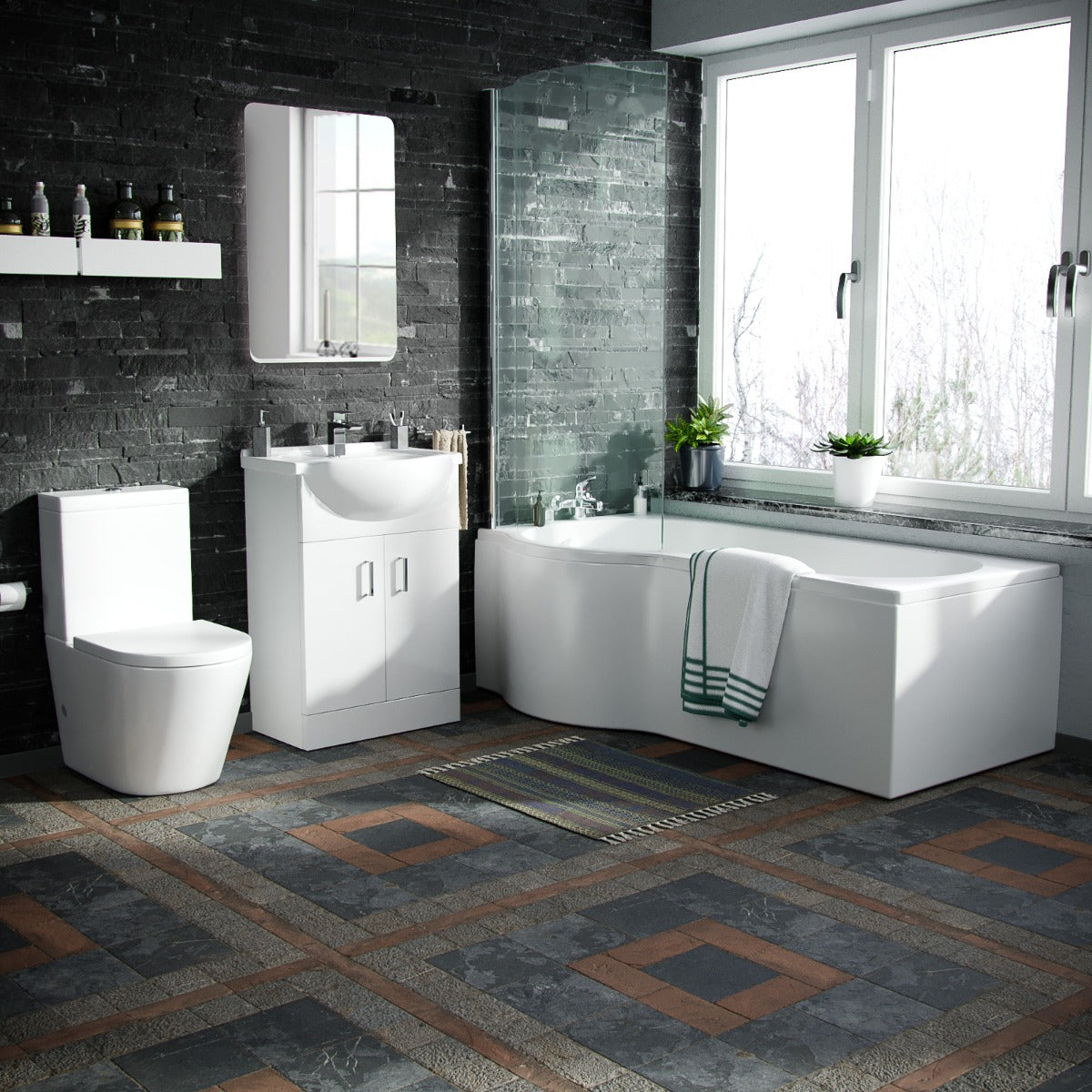 Ellen White Vanity Unit Left Handed P-Shaped Bath & Close Coupled Toilet Suite