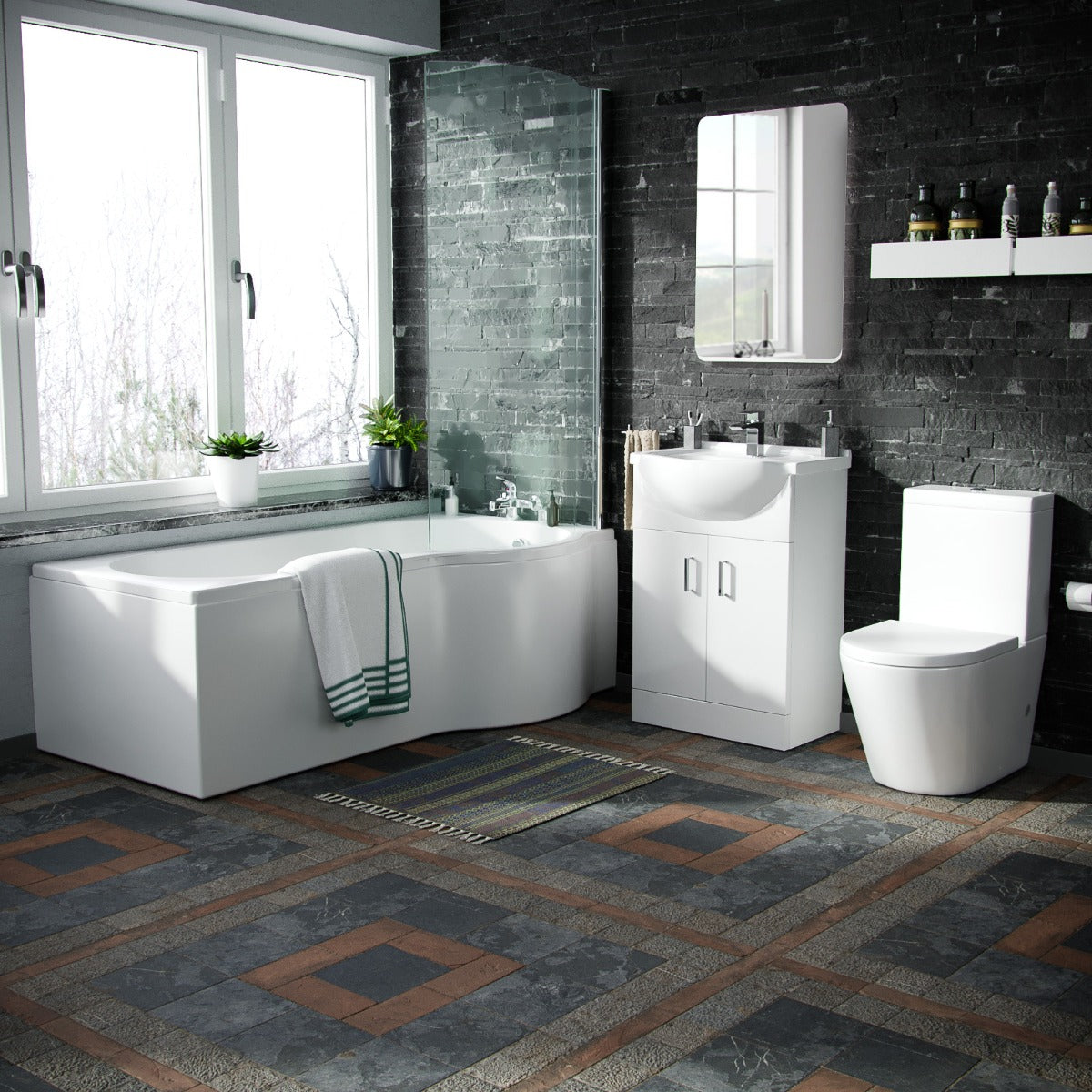 Ellen P-Shaped RH Bath White 550mm Vanity Basin Unit WC & Toilet Suite