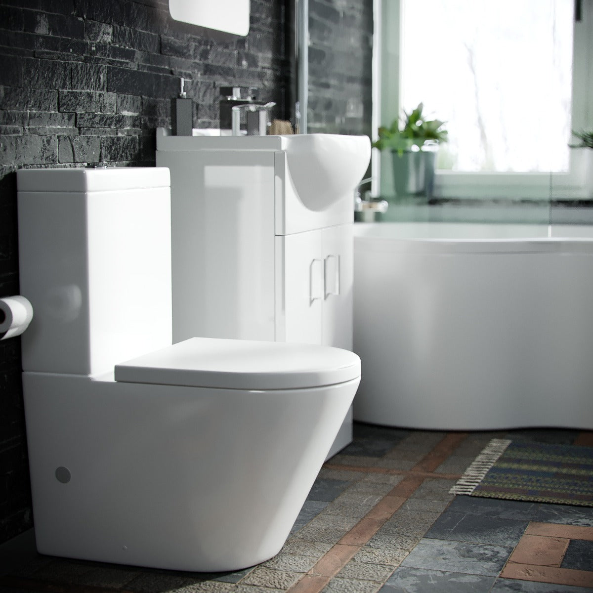 Ellen White Vanity Unit Left Handed P-Shaped Bath & Close Coupled Toilet Suite