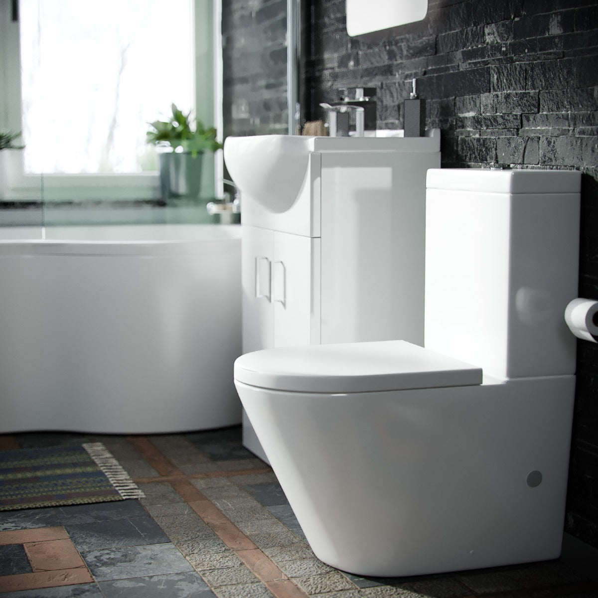 Ellen RH P-Shaped Bath With White Vanity Unit & Close Coupled Toilet Set